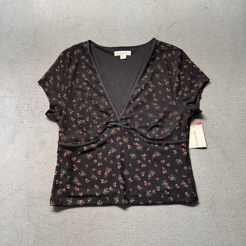 Aeropostale Womens XL Floral Mesh Crop Top Black V Neck Bow Short Sleeve NWT